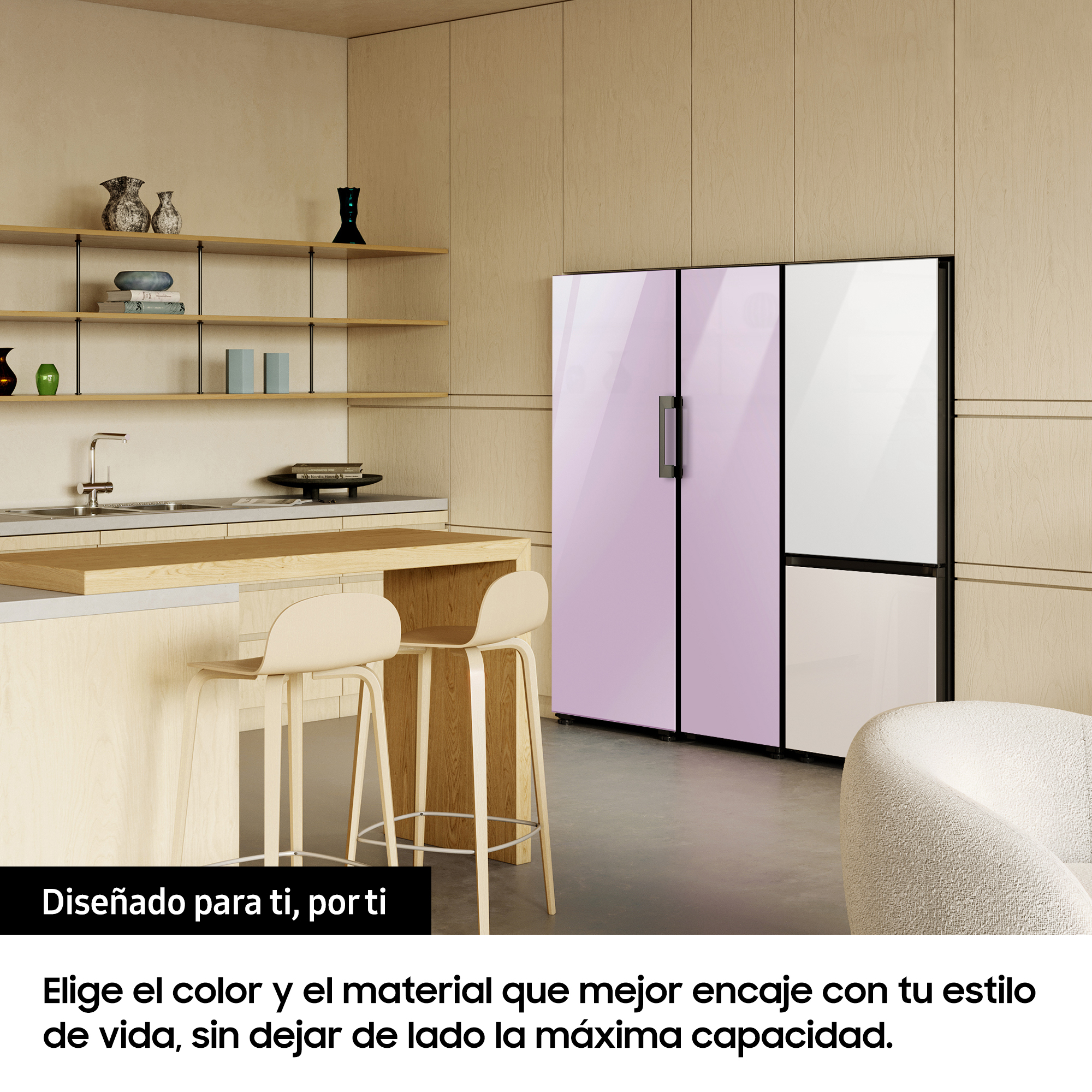 Frigorífico una puerta - Samsung BESPOKE perzonalizable RR39A7463AP/EF, No Frost, 185.3cm, 387l, SpaceMax™, Metal Cooling, Glam Lavender