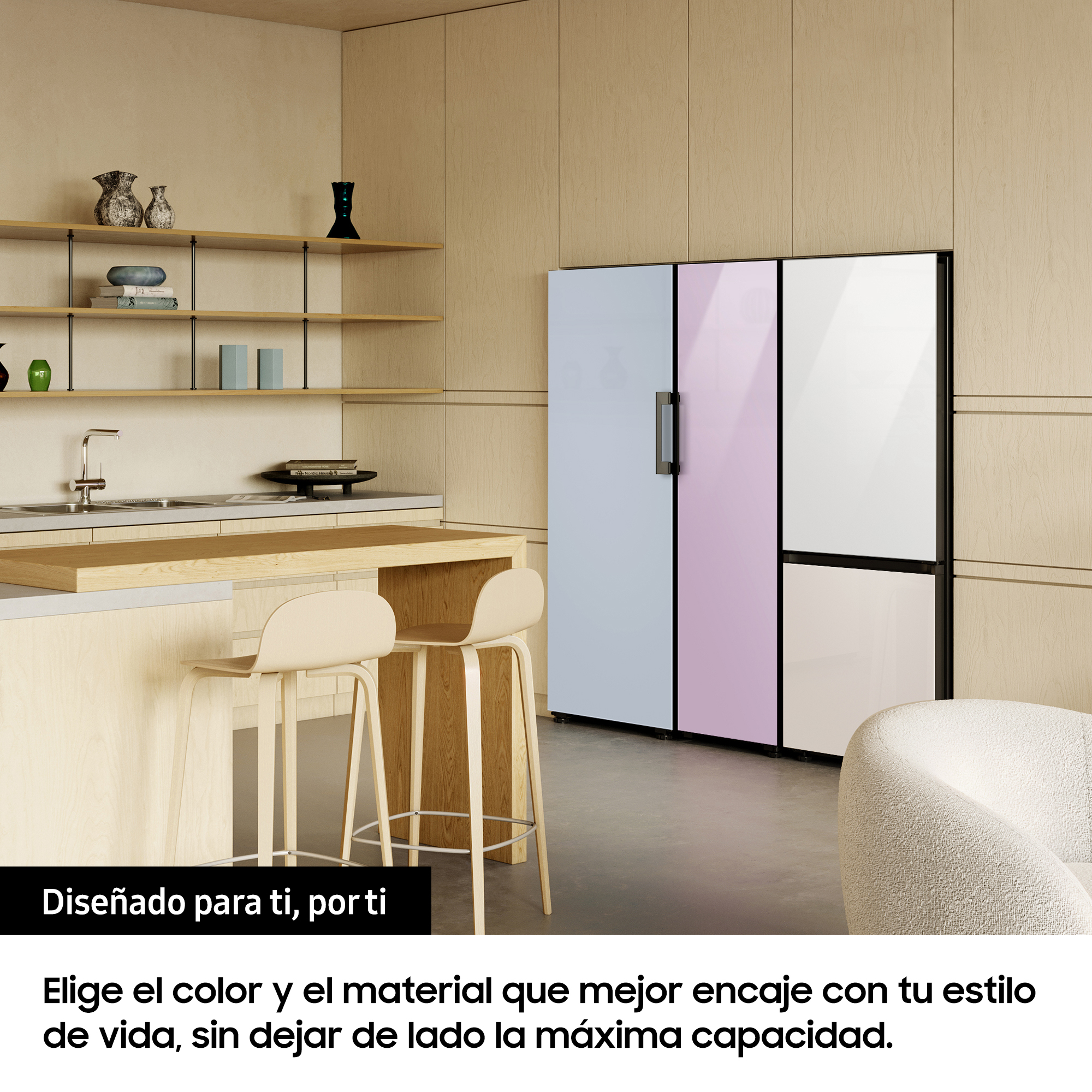 Congelador vertical - Samsung BESPOKE personalizable RZ32A7485AP/EF, 323l, 185.3cm, Dispensador de hielo, Modo Convertible, Satin Skyblue