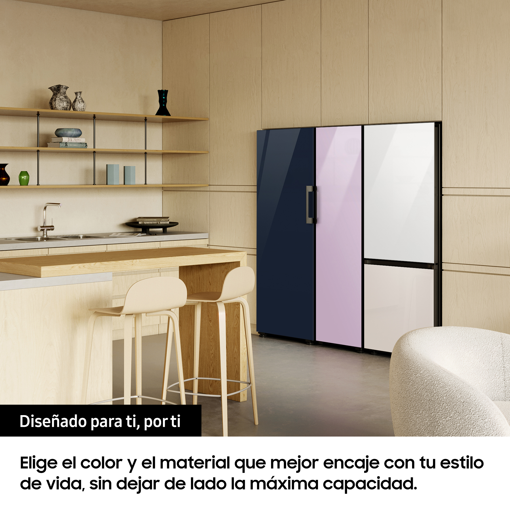 Congelador vertical - Samsung BESPOKE personalizable RZ32A7485AP/EF, 323l, 185.3cm, Metal Cooling, Dispensador de hielo, Modo Convertible, Glam Navy