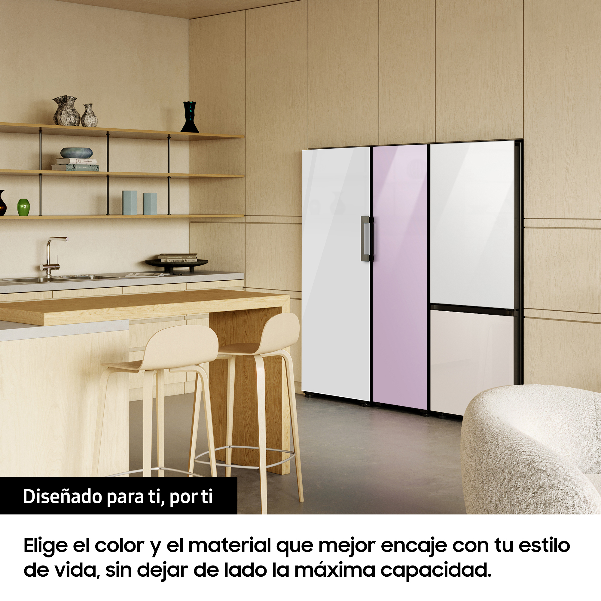 Congelador vertical - Samsung BESPOKE personalizable RZ32A7485AP/EF, 323l, 185.3cm, Metal Cooling, Dispensador de hielo, Modo Convertible, Clean White