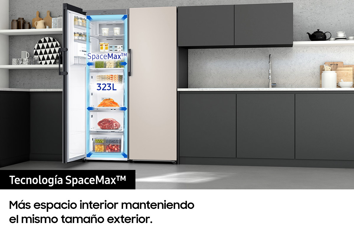 Congelador vertical - Samsung BESPOKE personalizable RZ32A7485AP/EF, 323l, 185.3cm, Metal Cooling, Dispensador de hielo, Modo Convertible, Clean White