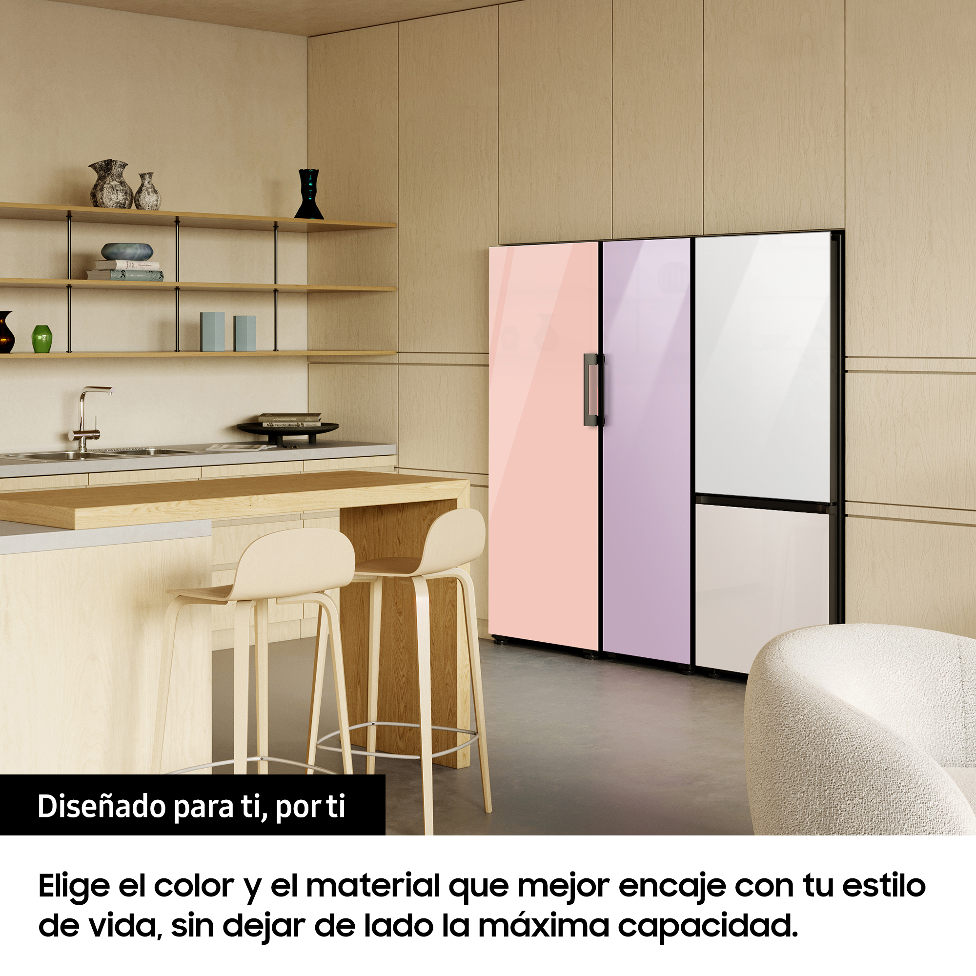 Congelador vertical - Samsung BESPOKE personalizable RZ32A7485AP/EF, 323l, 185.3cm, Metal Cooling, Dispensador de hielo, Modo Convertible, Glam Peach
