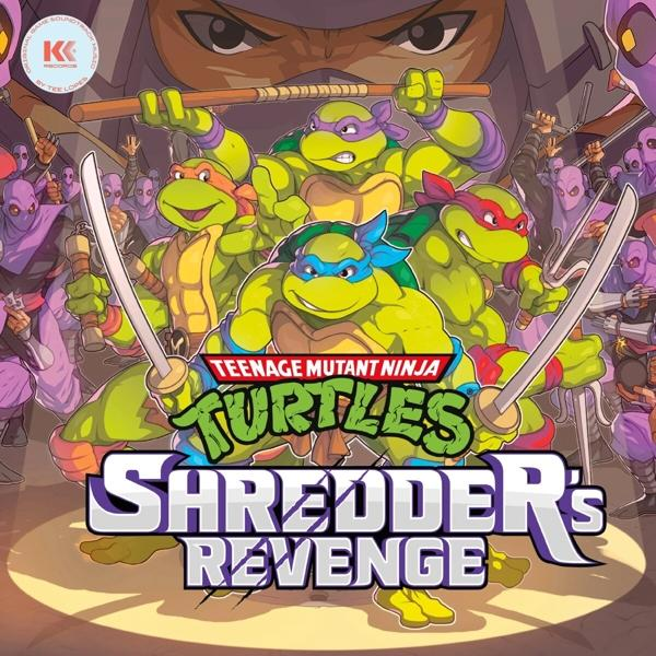 Teenage Mutant Ninja Turtles: Shredder's Revenge cover met de schildpadden met wapens en veel paarse ninja's.