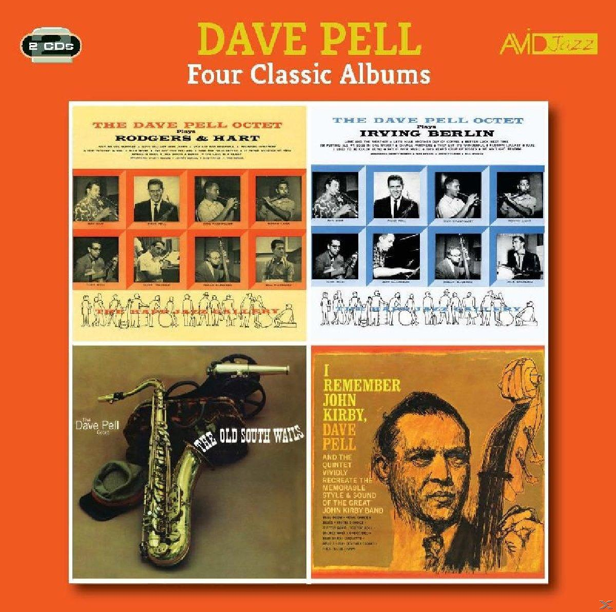 Dave Pell album borítók. Négy klasszikus jazzalbum, The Dave Pell Octet és The Old South Waits. Narancssárga háttér.