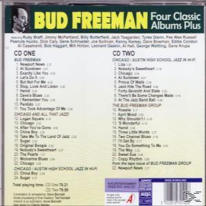 CD-borító szöveggel, amely felsorolja Bud Freeman albumainak számait. Egy fekete-fehér kép egy férfiról.