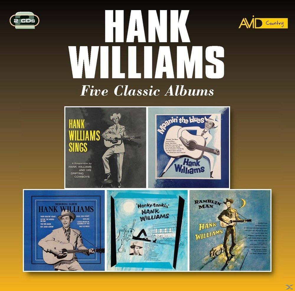 Öt album borító Hank Williams számára. Különböző stílusúak és színűek. Mindegyikük arany háttéren van.