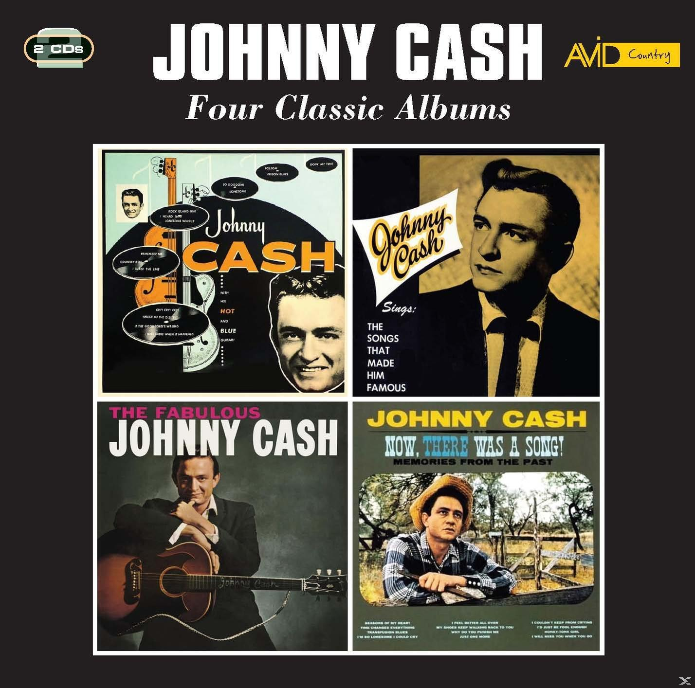 Johnny Cash album borító összeállítás: Négy klasszikus album portrékkal és címekkel.