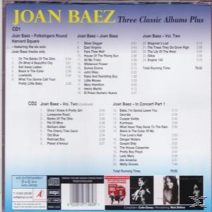 Joan Baez 'Three Classic Albums Plus' CD tokjának borítója. Album tracklistája és képek láthatók.