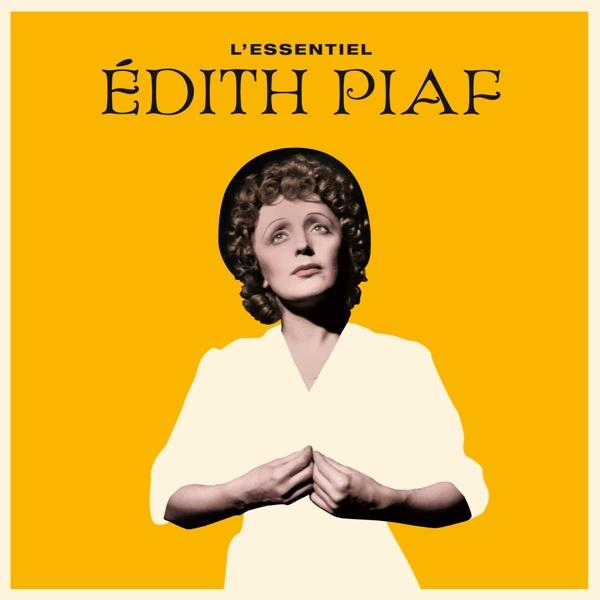 Album borító: Edith Piaf. Egy nő fehér ruhában és fekete kalapban. Sárga háttér szöveggel.