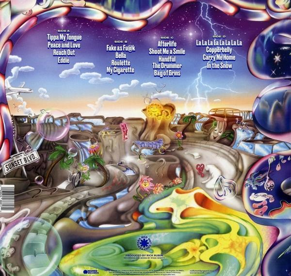 Pochette d'album fantastique avec des formes et du texte colorés et tourbillonnants. Contient divers textes sur les chansons.