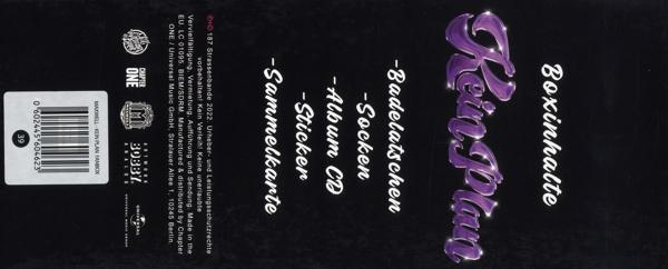 Schwarze CD-Hülle mit lila Text. Der Text enthält 'Boxinhalte', 'Badelatschen' und 'Album CD'.