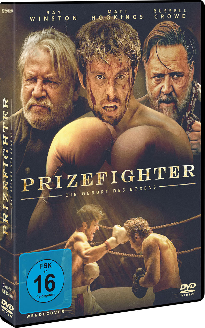 DVD-H ülle für den Film "Prizefighter". Zeigt drei Männer, einen Boxer und eine Boxringszene unten.