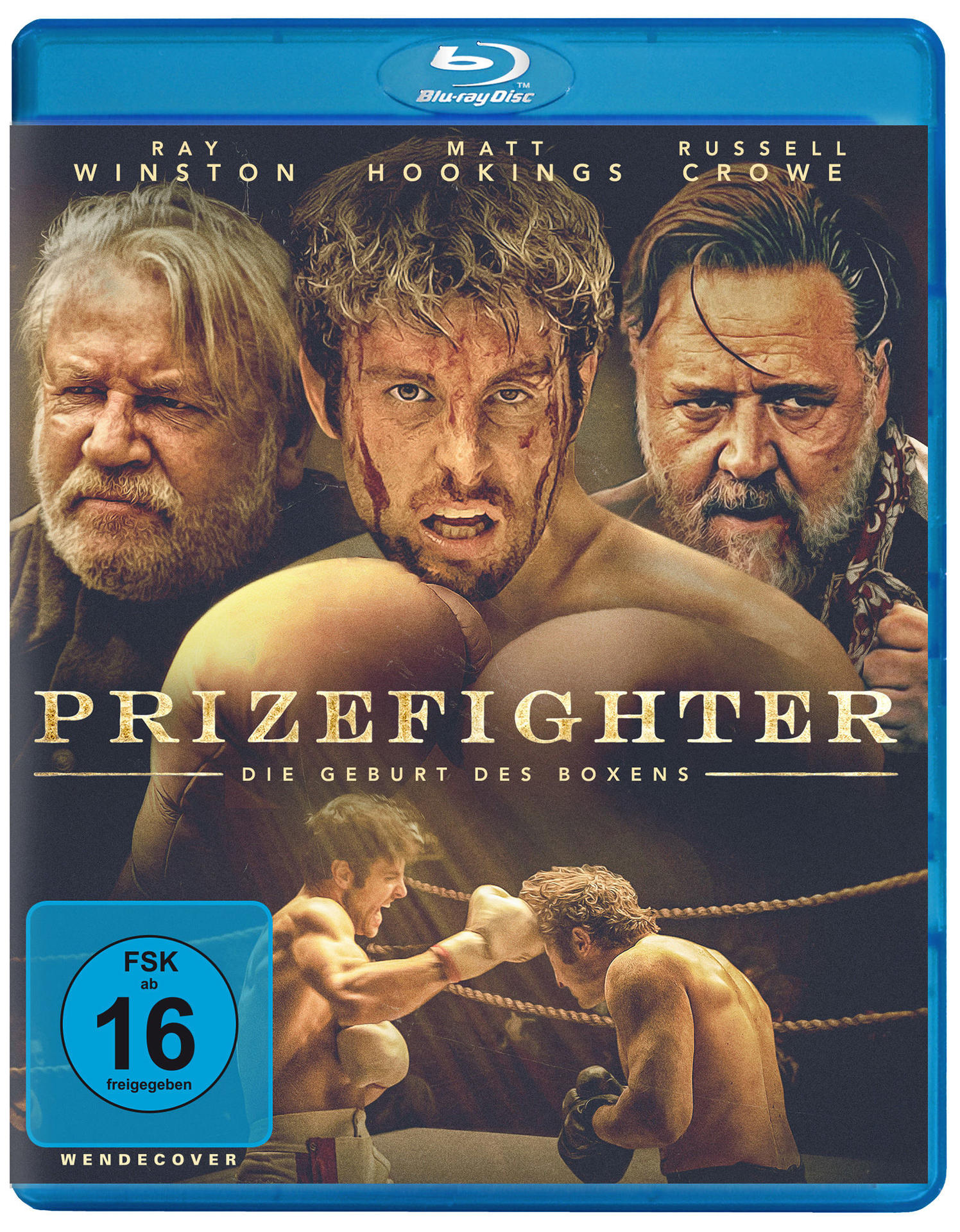 Blu-ray-Cover eines Films. Gezeigt werden drei Männer mit dem Titel „Prize Fighter“.