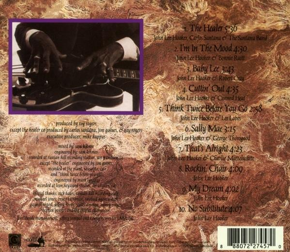 Albumhoes van The Healer van John Lee Hooker. Toont de handen van een man op een gitaar met tracklist.