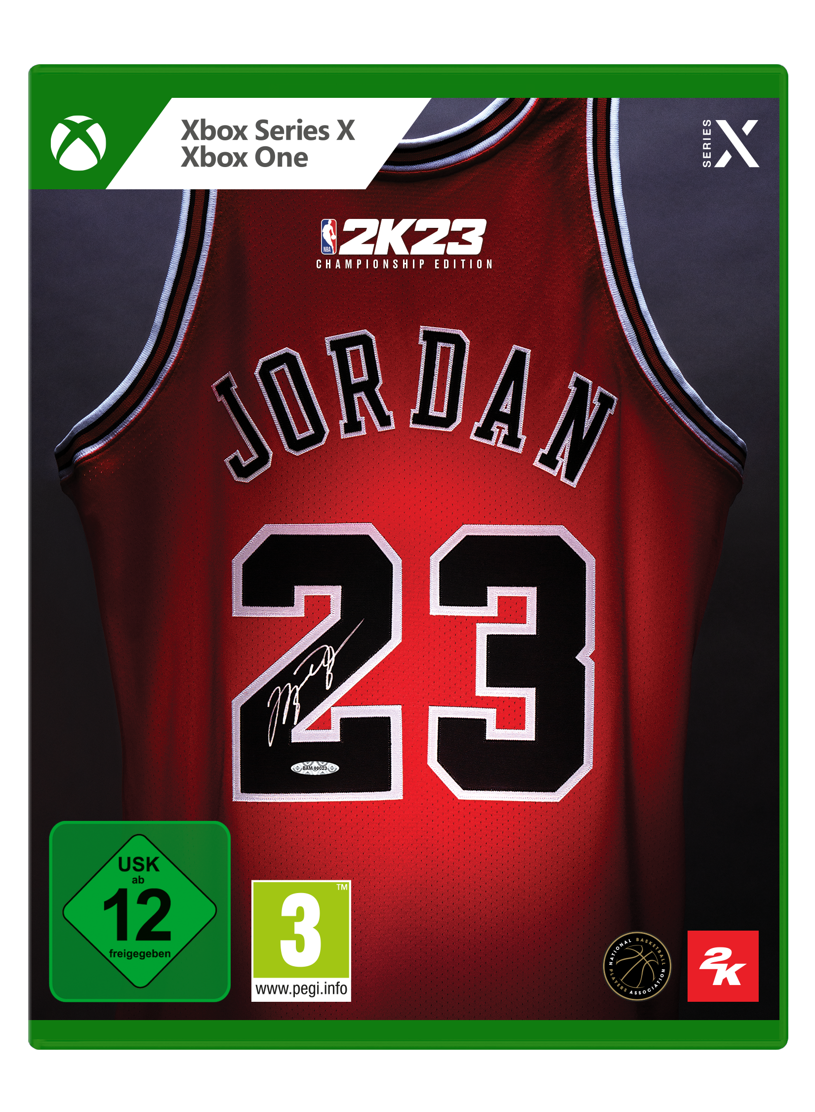 Xbox Series X-Spielcover: NBA 2K23. Ein Basketballtrikot mit der Nummer 23 und einer Unterschrift darauf.