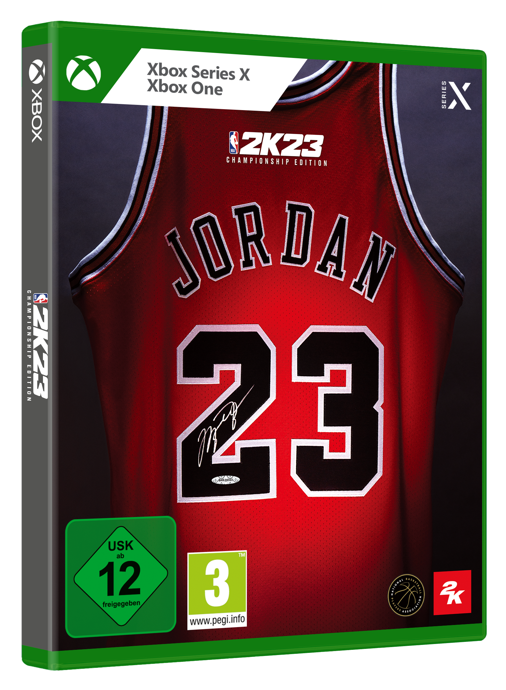 Xbox Series X/Xbox One Spielbox: NBA 2K23, Jordan-Trikot auf dem Cover, mit Bewertung und Spiel-Logos.