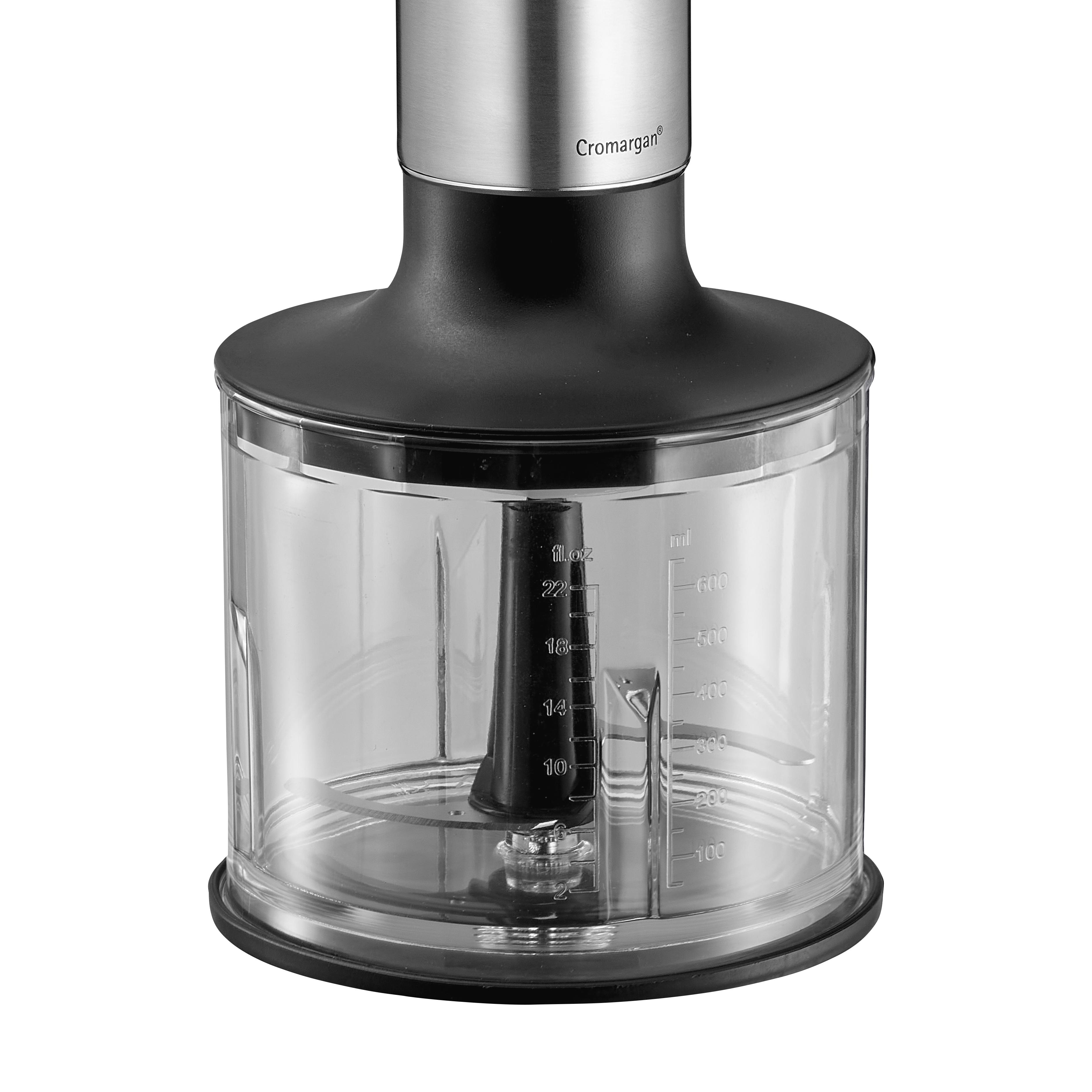 Ein Mixer mit einem transparenten Behälter und Messmarkierungen.