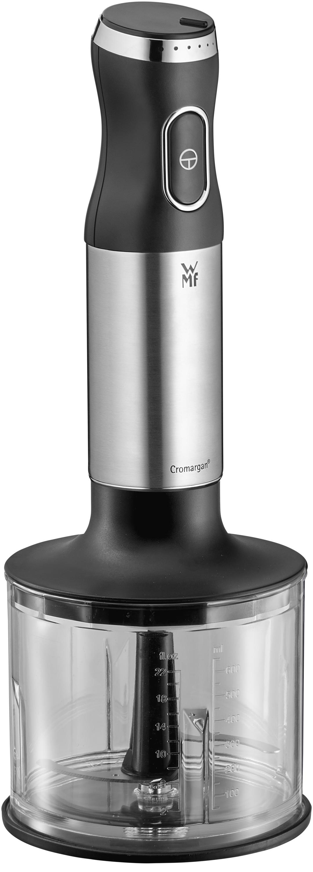 Ein WMF-Stabmixer, schwarzer Griff, Edelstahlgehäuse und ein transparenter Mixbehälter.