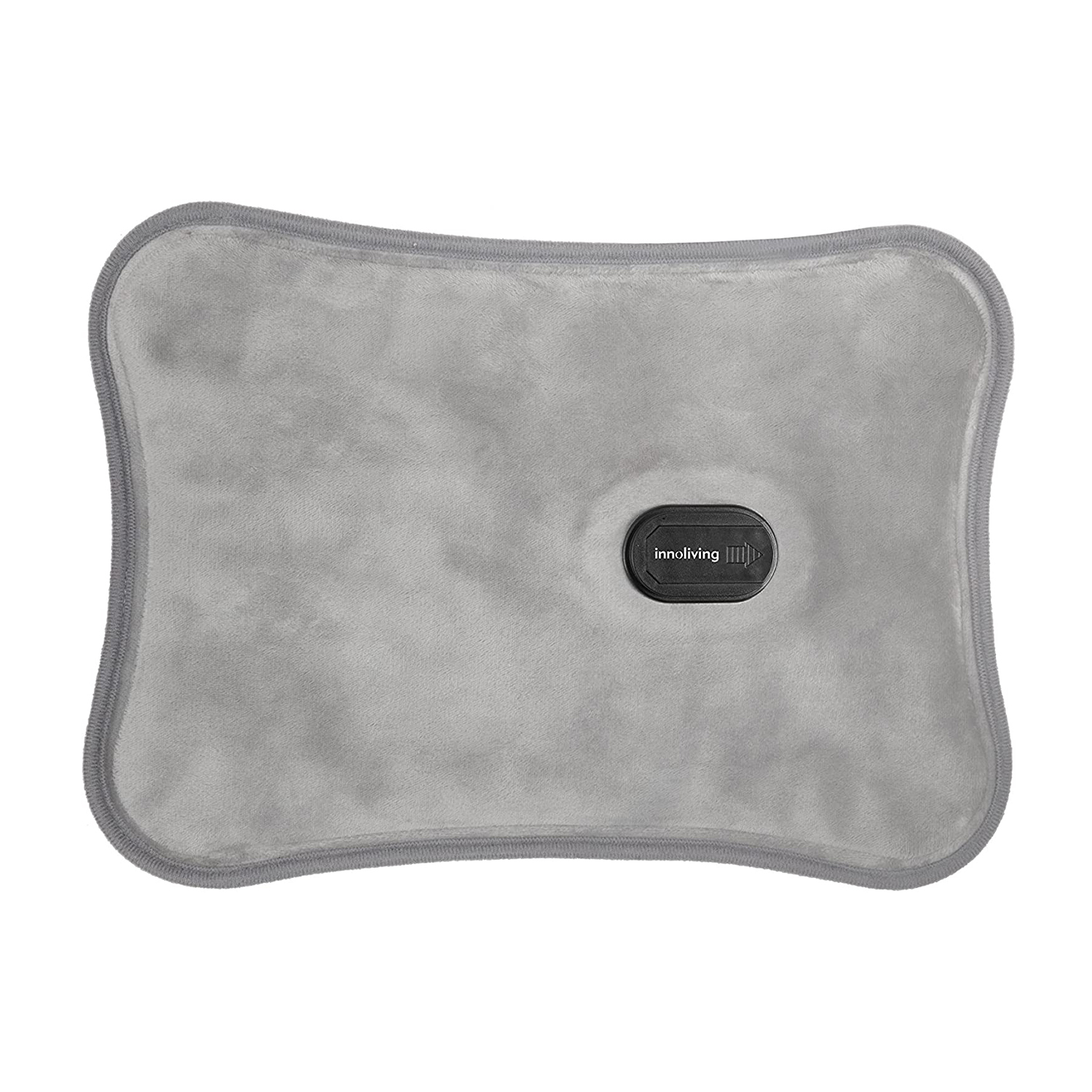 Cuscino riscaldante rettangolare grigio con pannello di controllo nero. Il logo Innoliving è sul cuscino.