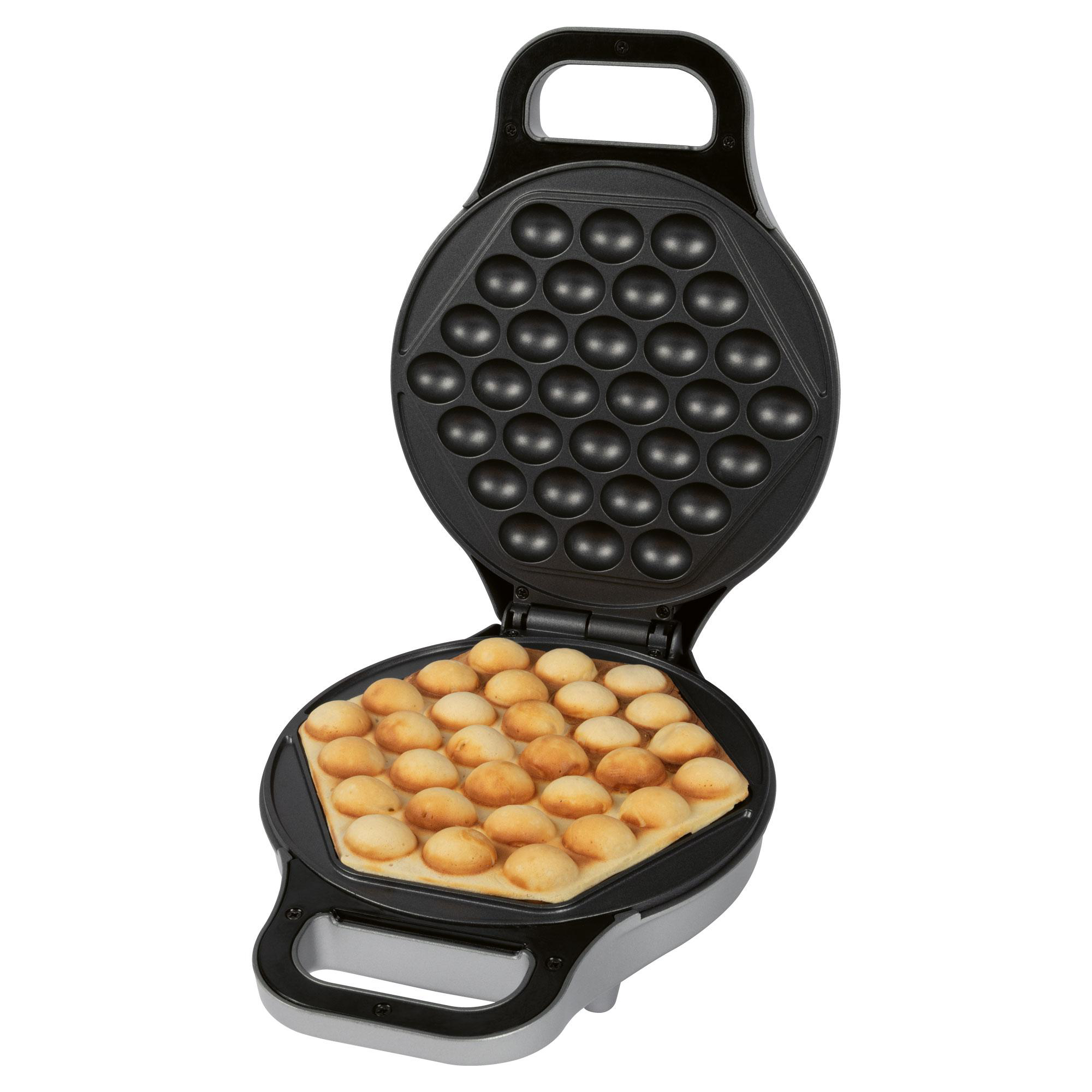 Offener Bubble-Waffel-Maker mit gebackenen Waffeln im Inneren.