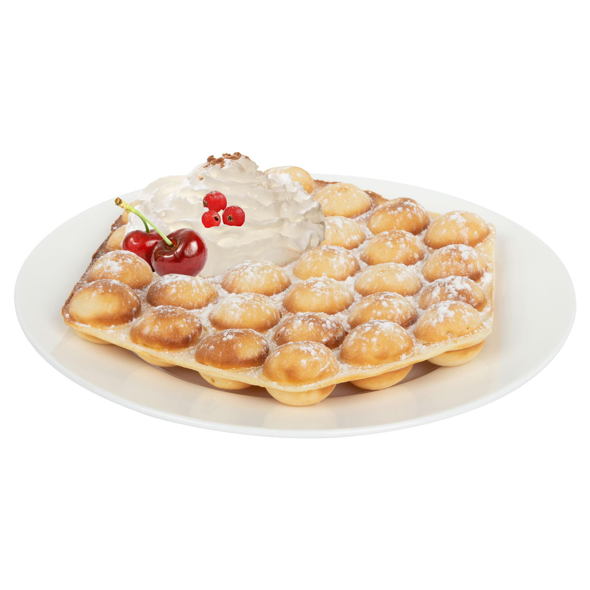 Blasenwaffel auf einem Teller, belegt mit Schlagsahne und Kirschen.