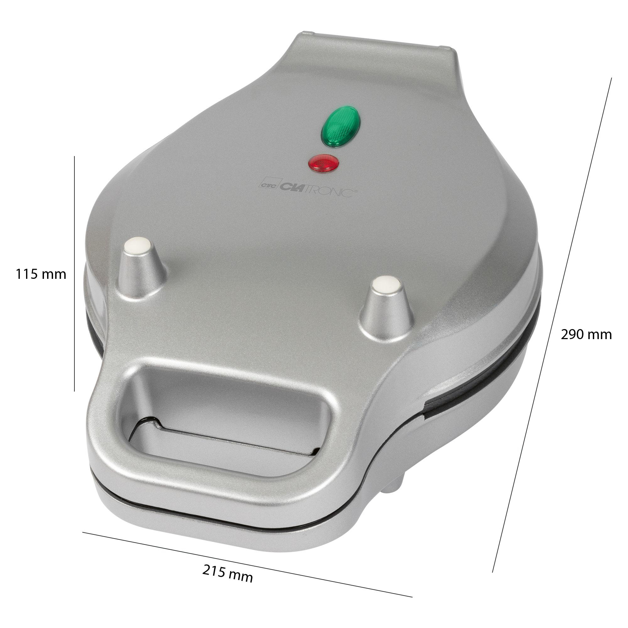 Silberner Waffeleisen mit beschrifteten Abmessungen: 215 mm, 115 mm und 290 mm. Es hat grüne und rote Lichter.