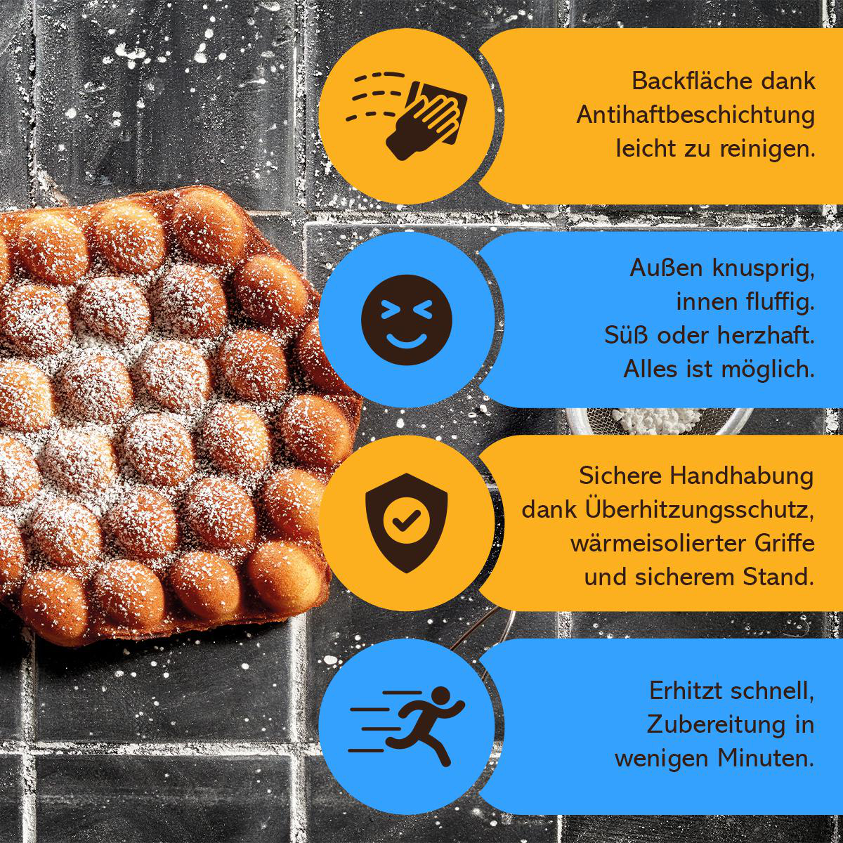 Blasenwaffeln mit Puderzucker. Merkmale: Leicht zu reinigen, außen knusprig, innen weich, sicherer Griff.