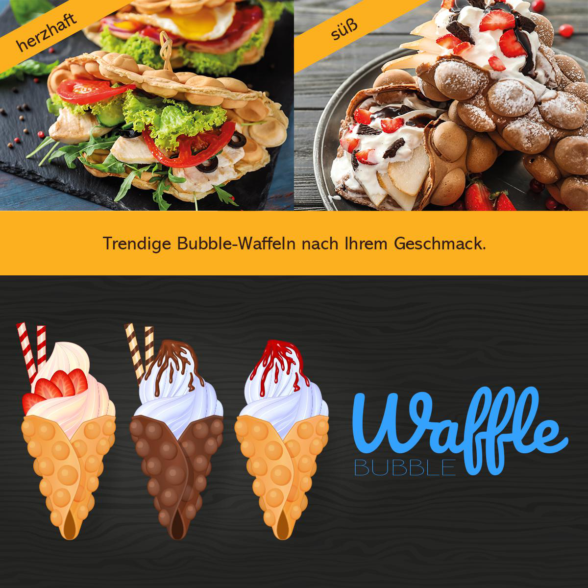 Bubble Waffeln, herzhaft und süß, mit Belägen wie Früchten und Sahne.