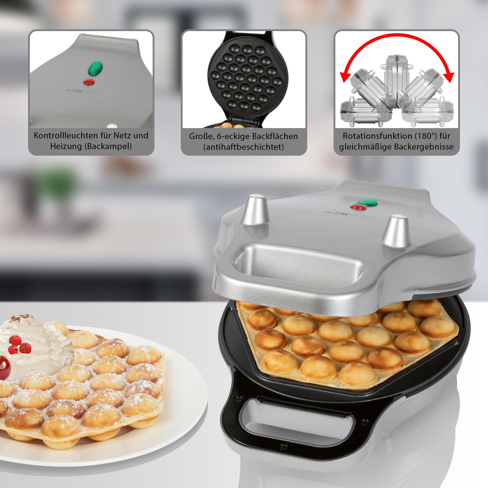 Waffeleisen mit Waffeln. Details zeigen Kontrollleuchten, Antihaftoberflächen und Rotation.