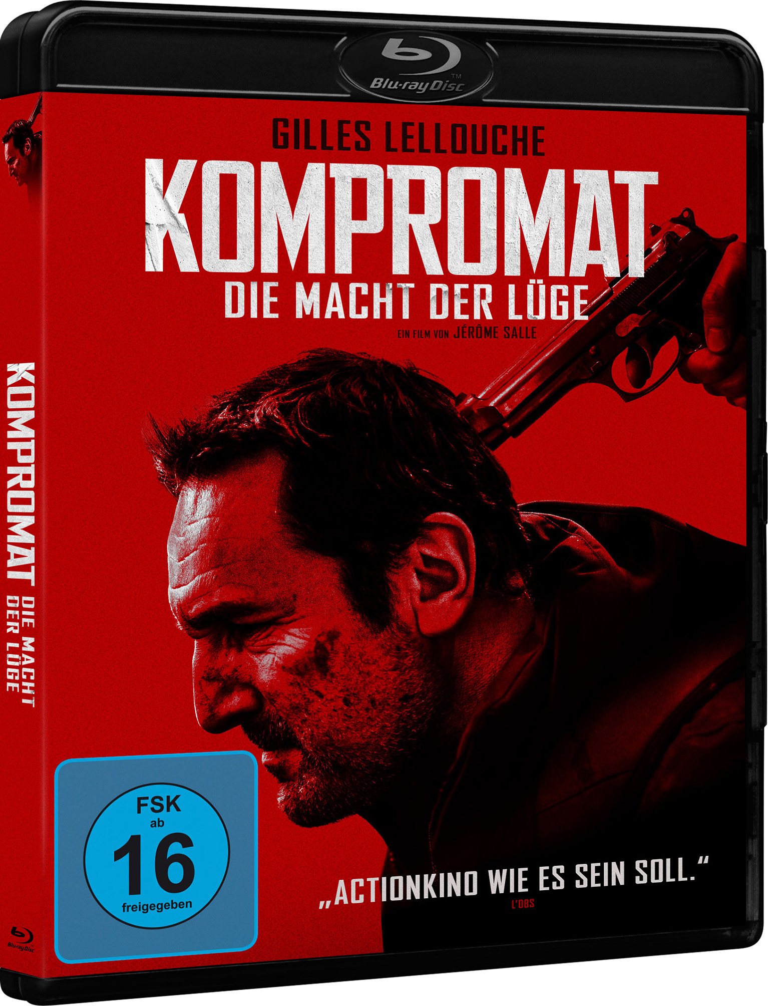 Kompromat-Filmcover. Gesicht eines Mannes mit einer Waffe, die auf ihn zielt.