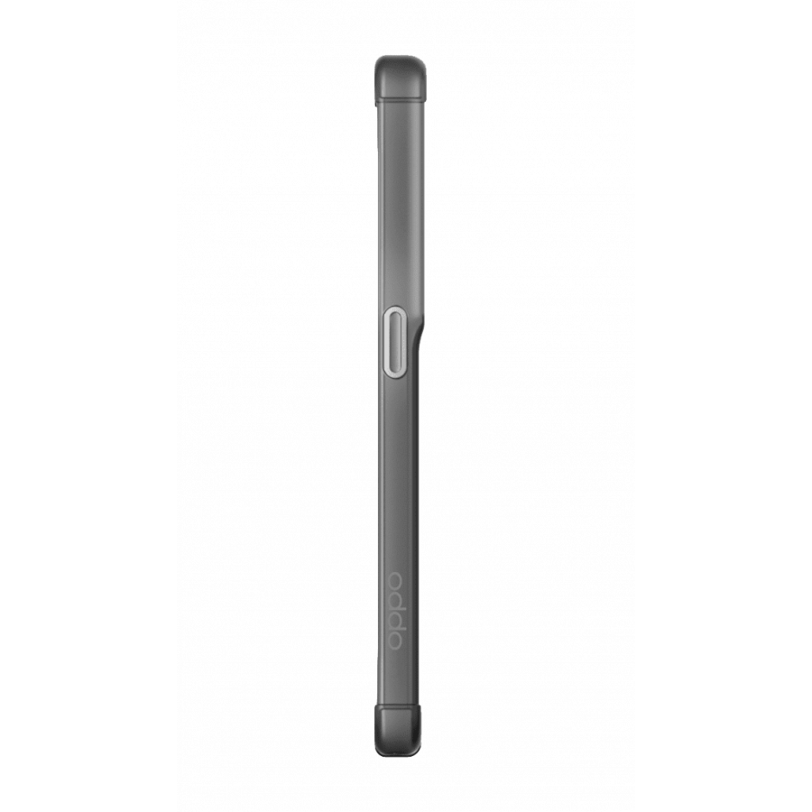 Una funda de teléfono gris, vista de lado, con un botón.