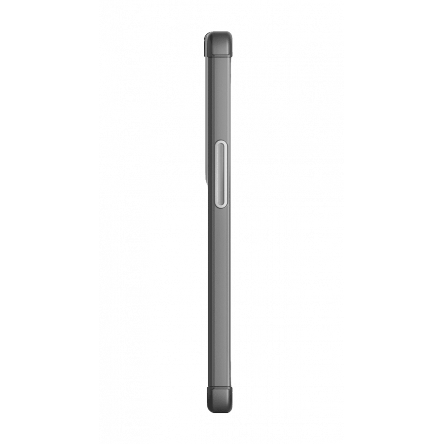 Vista lateral de una funda de teléfono gris. Tiene un botón de encendido y un balancín de volumen.