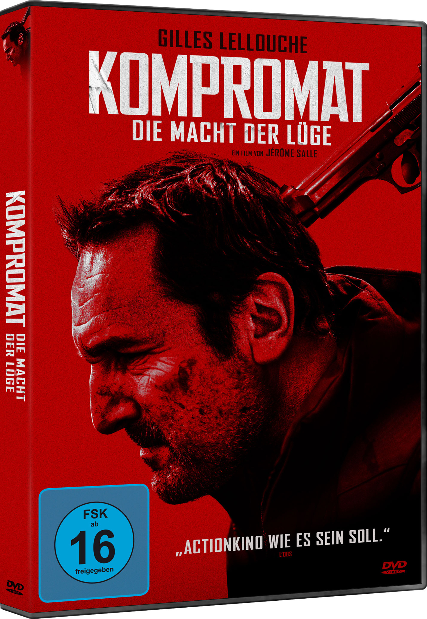 DVD-Cover. Mann mit Waffe. Roter Hintergrund. Text auf Französisch.