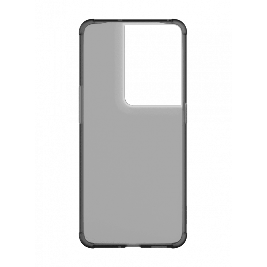 Funda de teléfono sobre fondo negro. Es gris y tiene un recorte para la cámara.