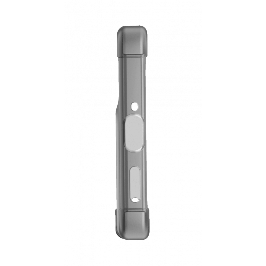 Vista lateral de una funda protectora transparente para teléfono. Tiene un botón y una abertura para el puerto de carga.