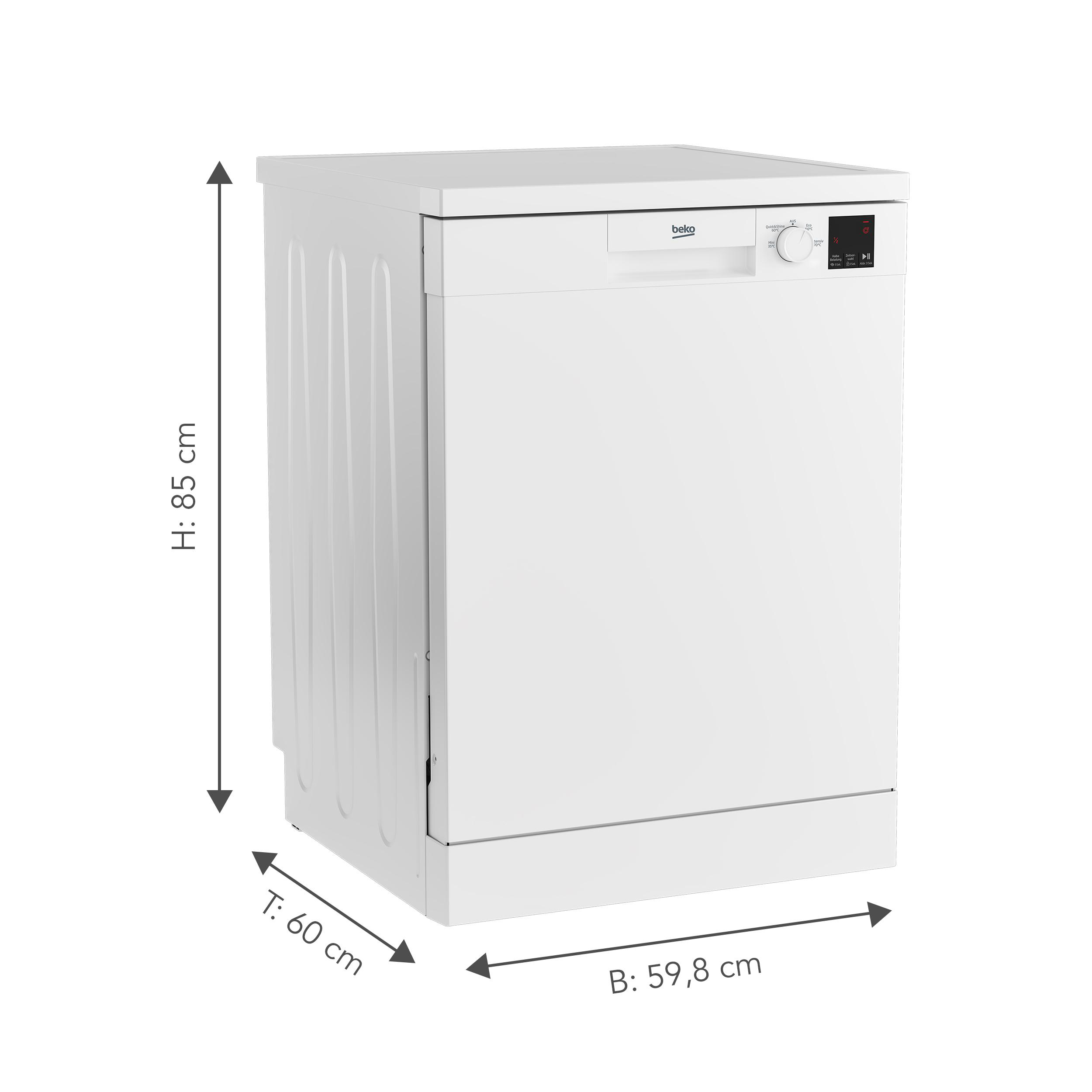 Weißer Beko Geschirrspüler mit Abmessungen in cm, Seitenansicht.