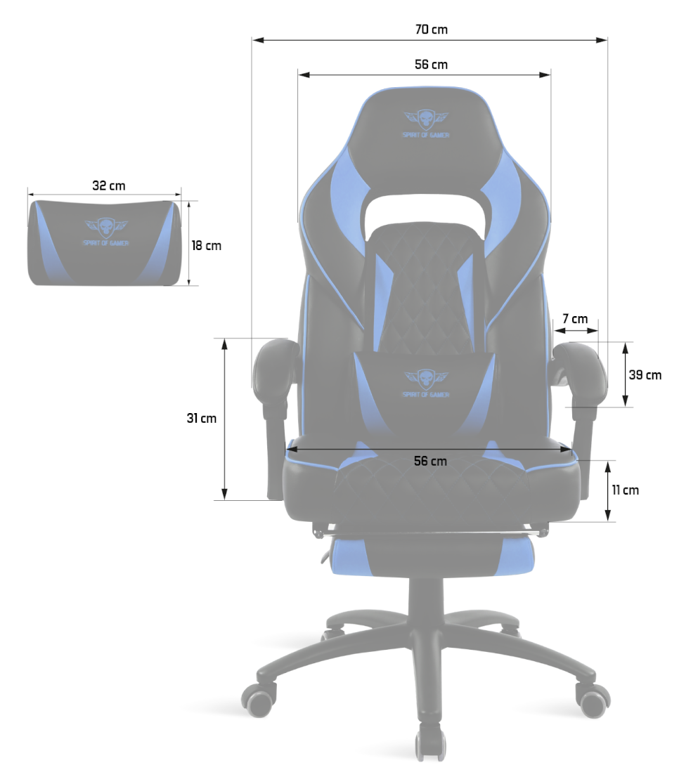 Egy gamer szék, méretekkel. Kék-fekete dizájnnal és fejtámlával rendelkezik.