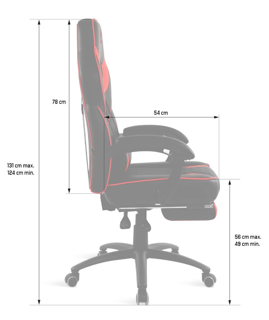 Fekete és piros gamer szék. A méretek centiméterben vannak megadva.