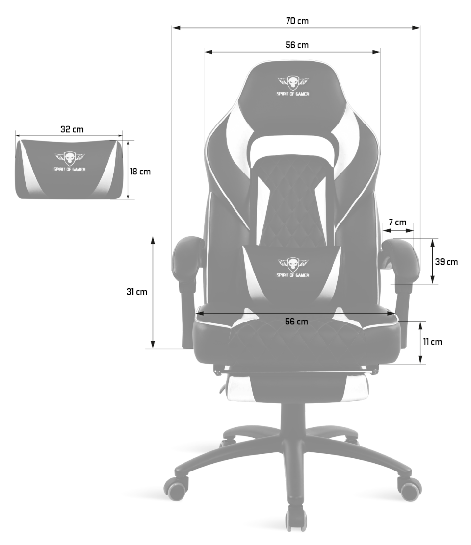 Egy fekete-fehér gamer szék diagramja, cm-ben megadott méretekkel.