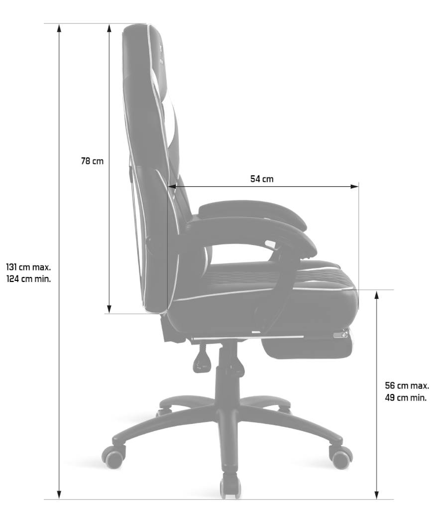 Egy fekete-fehér gamer szék oldalsó nézete. Méreteket mutat.