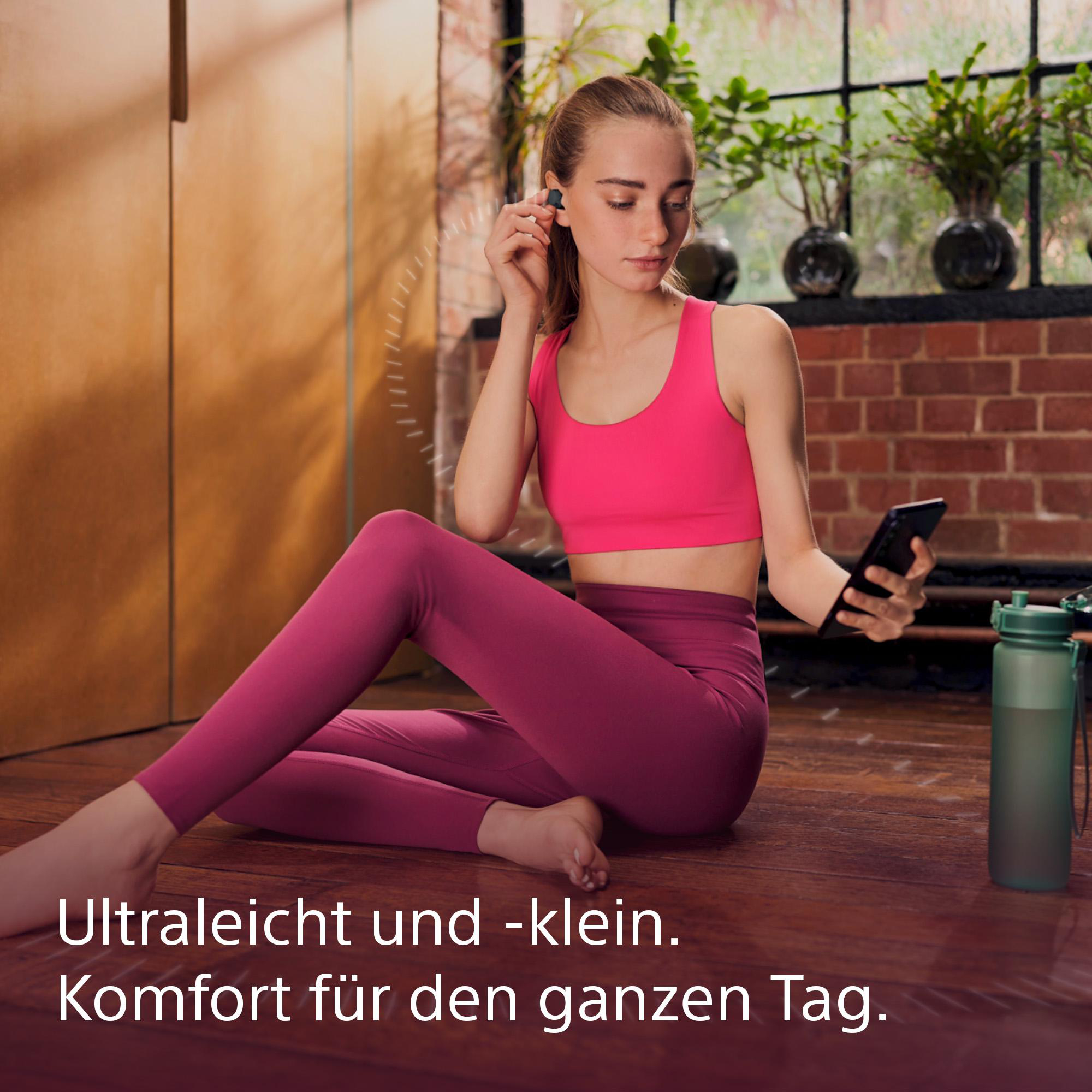 Eine Frau in Trainingskleidung benutzt ein Telefon. Text sagt: Ultraleicht und klein.