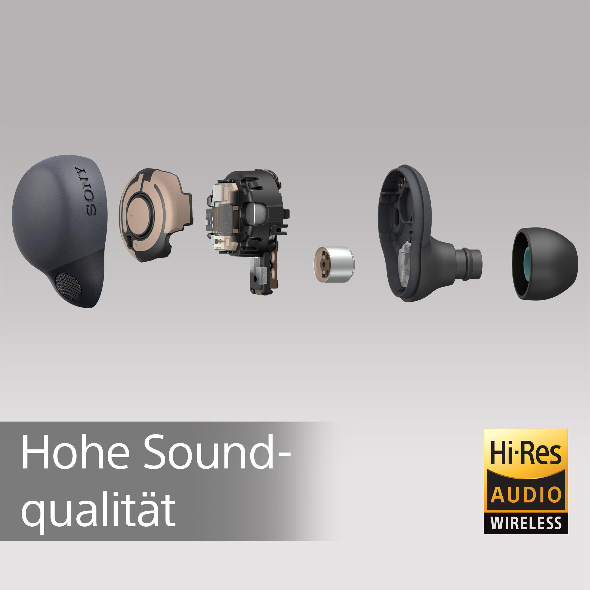 Explosionsansicht von kabellosen Ohrhörern mit Text 'Hohe Soundqualität' und Hi-Res Audio Logo.