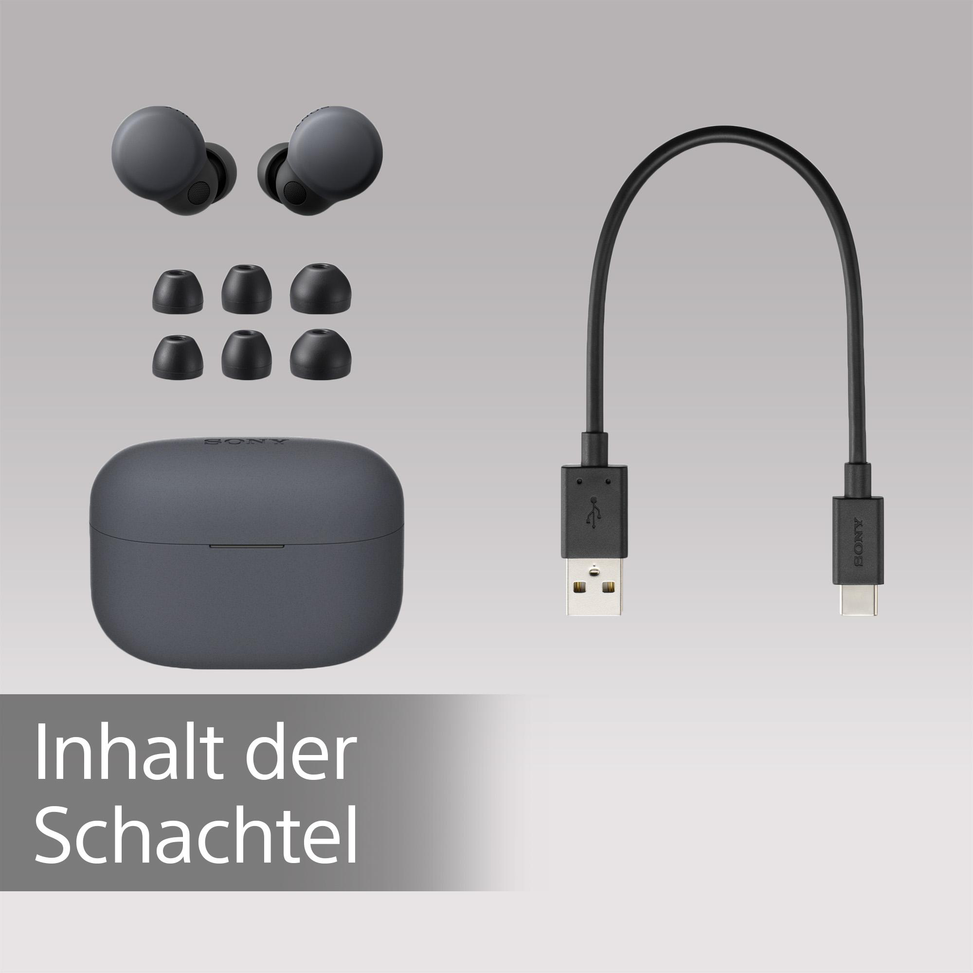 Ohrhörer, Ladecase, Ladekabel. Graues Farbschema auf hellem Hintergrund.