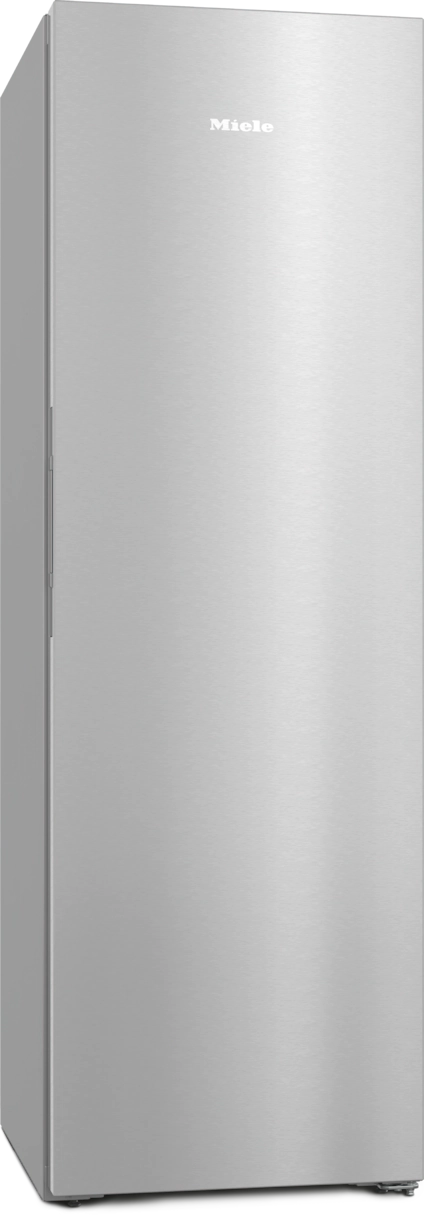 Hoher, silberner Miele-Kühlschrank. Der Kühlschrank hat einen Griff an der Seite.