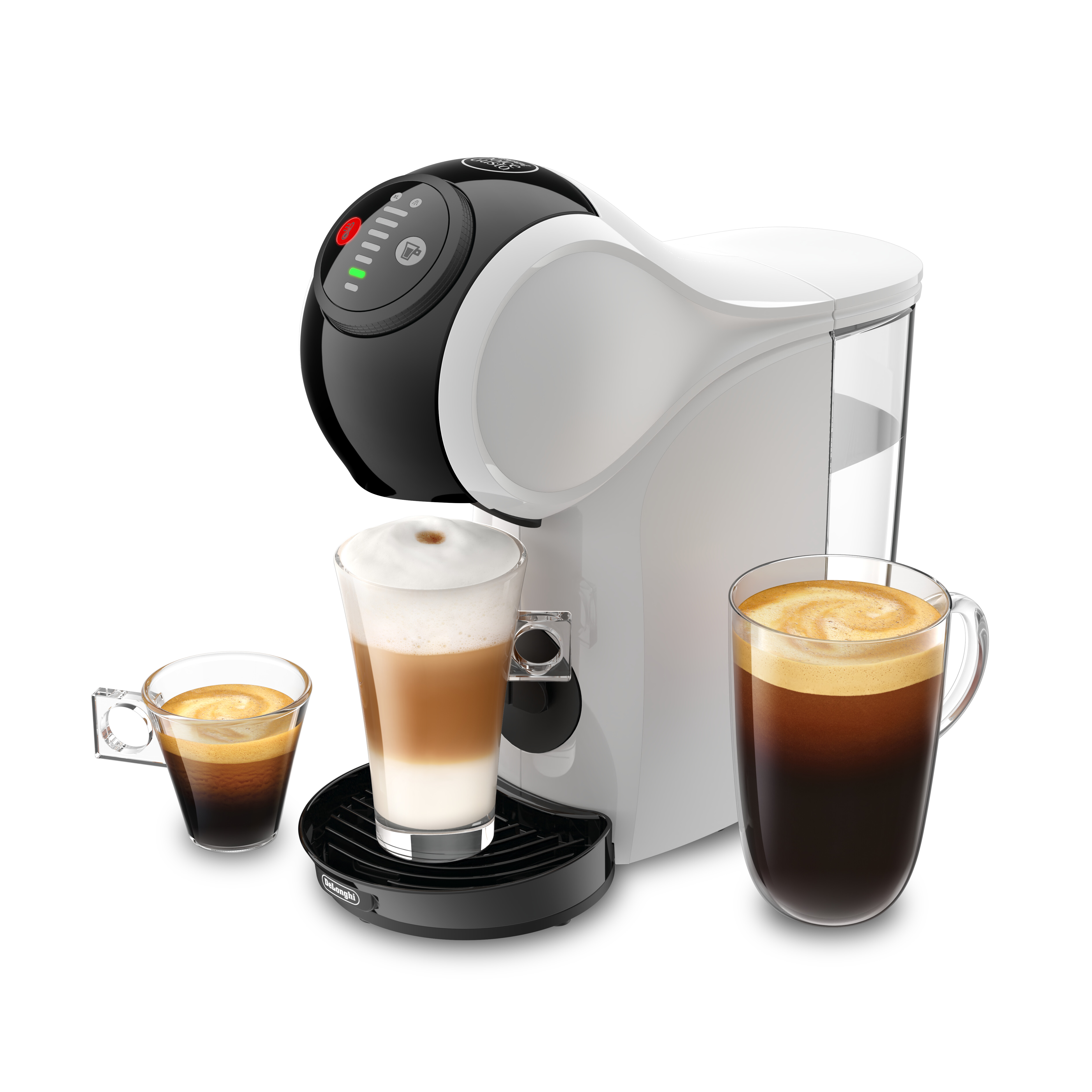 Cafetera blanca y negra con tres tazas de café.
