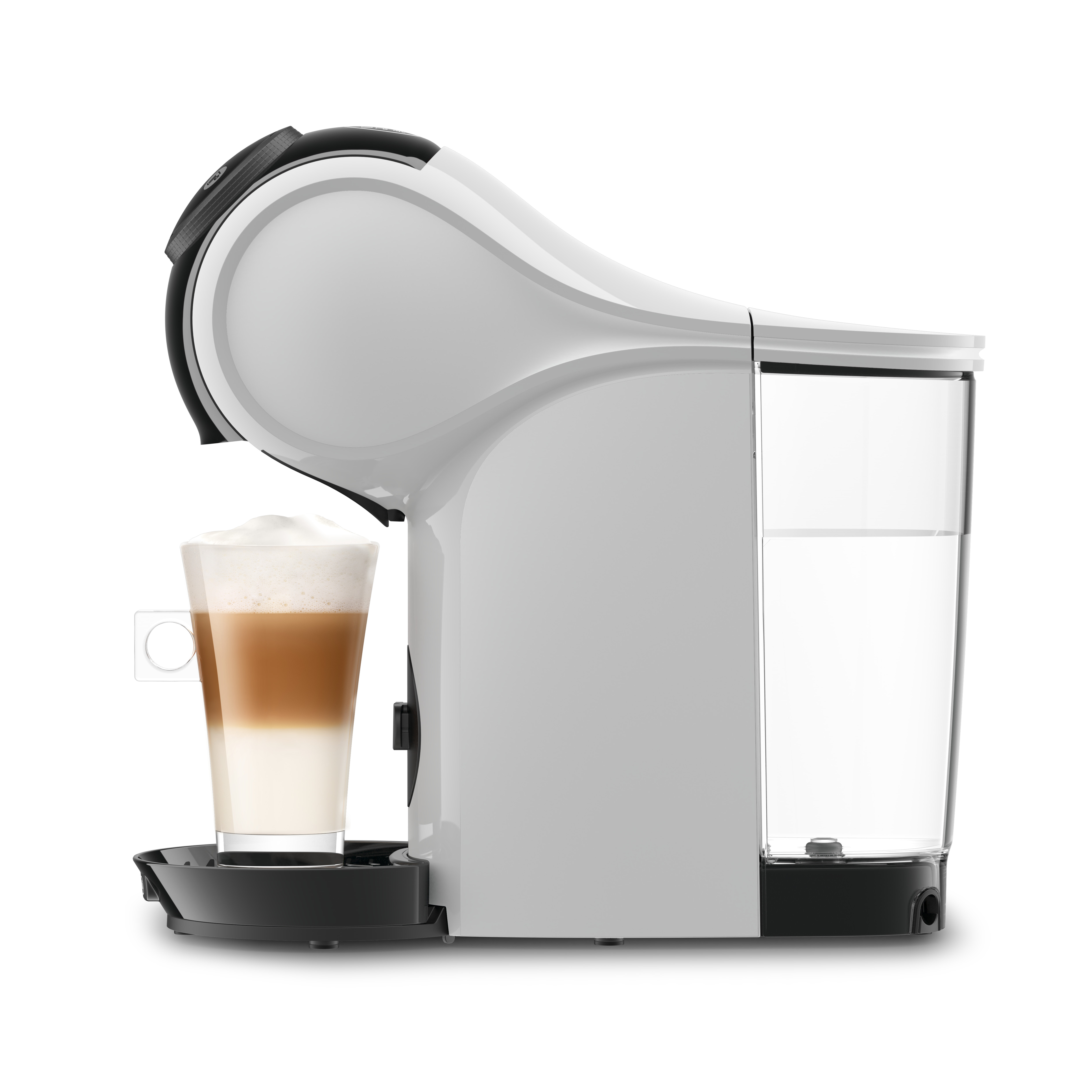 Máquina de café blanca con un vaso de latte. La máquina tiene un depósito de agua a la derecha.