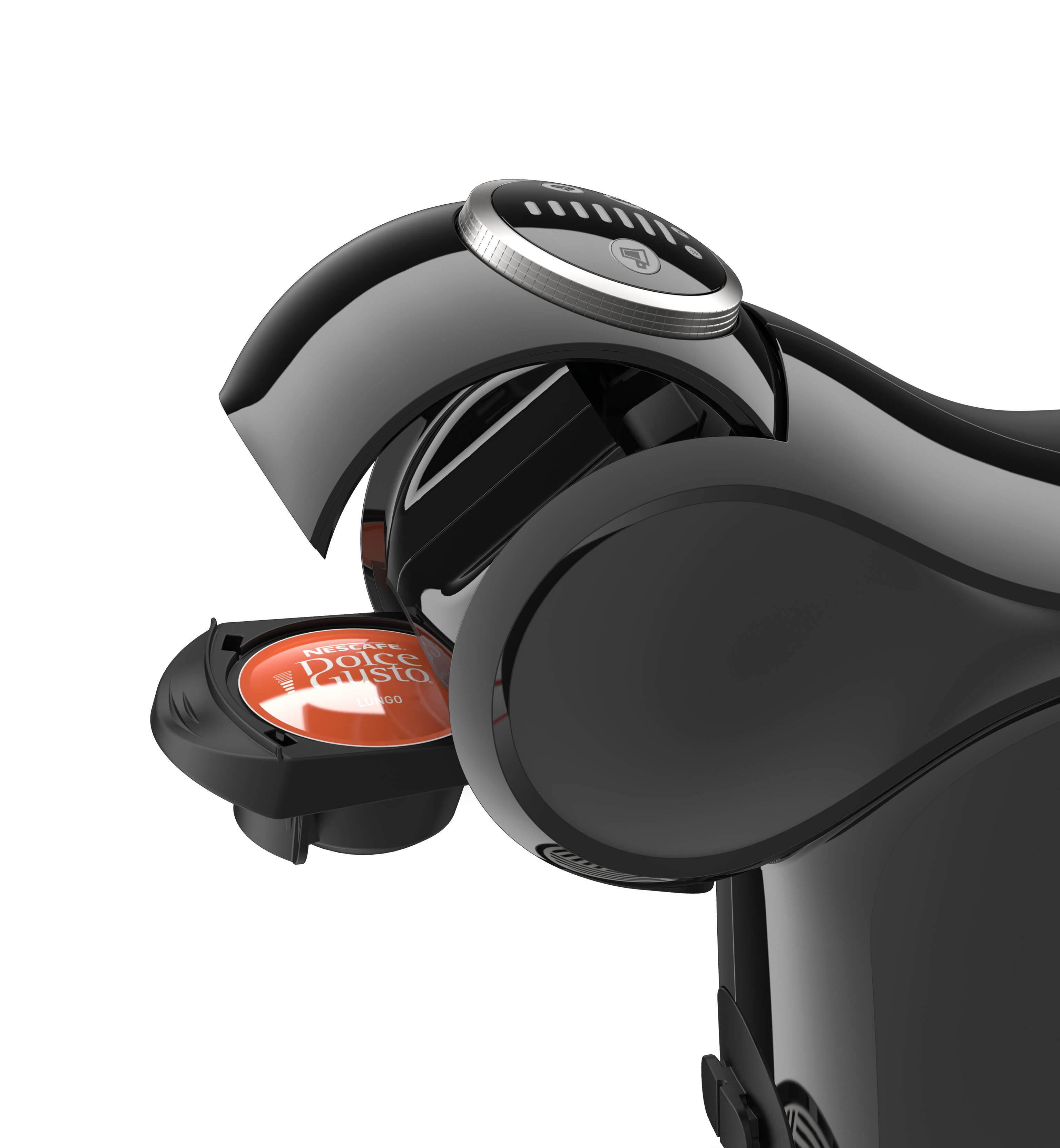 Una cafetera negra con una cápsula roja Dolce Gusto siendo insertada.