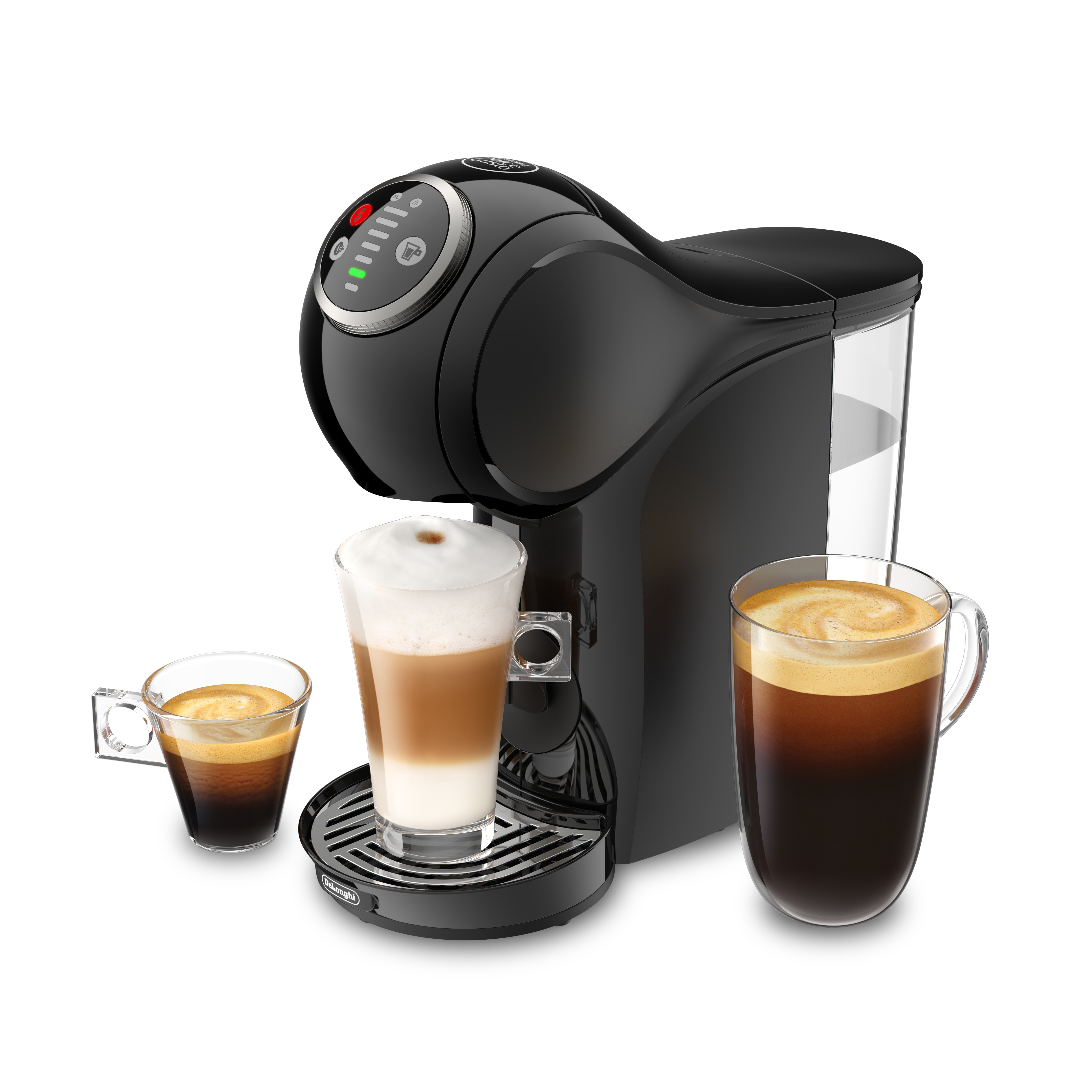 Una cafetera negra con tres vasos de café al lado. Diferentes tipos de café están en los vasos.