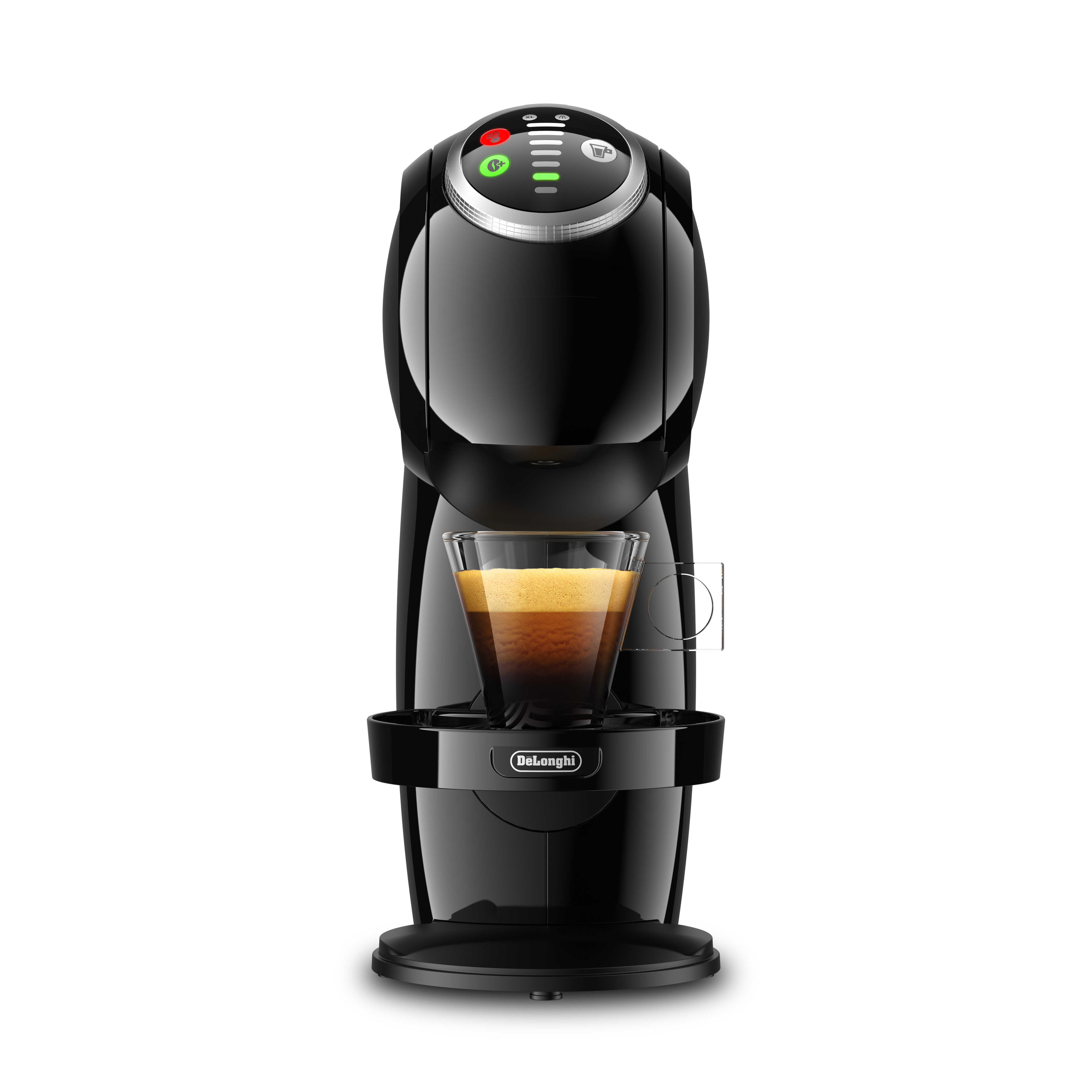Cafetera negra, con un vaso de espresso, sobre un fondo blanco. Marca DeLonghi.