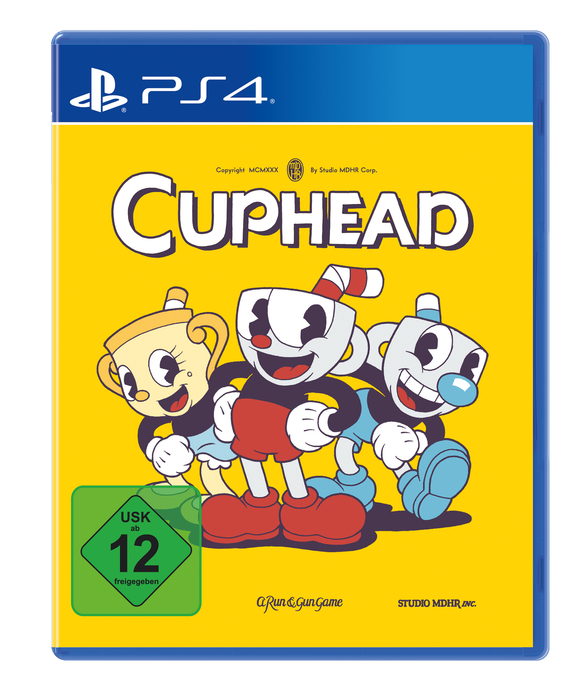 Cuphead PS4-Spielcover. Drei Cartoon-Tassenfiguren auf gelbem Grund. Blaue Hülle mit PS4-Logo. USK 12-Bewertung.